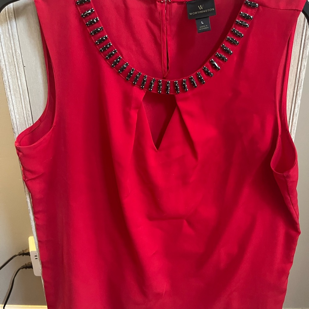 Worthington Red Sleeveless Blouse with Embellished Neckline